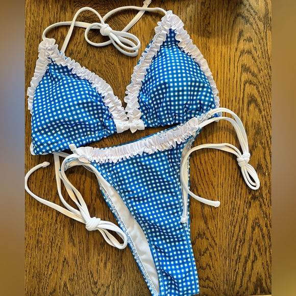 Blue White Gingham Ruffle Side Tie Bikini Set - Picture 2 of 8